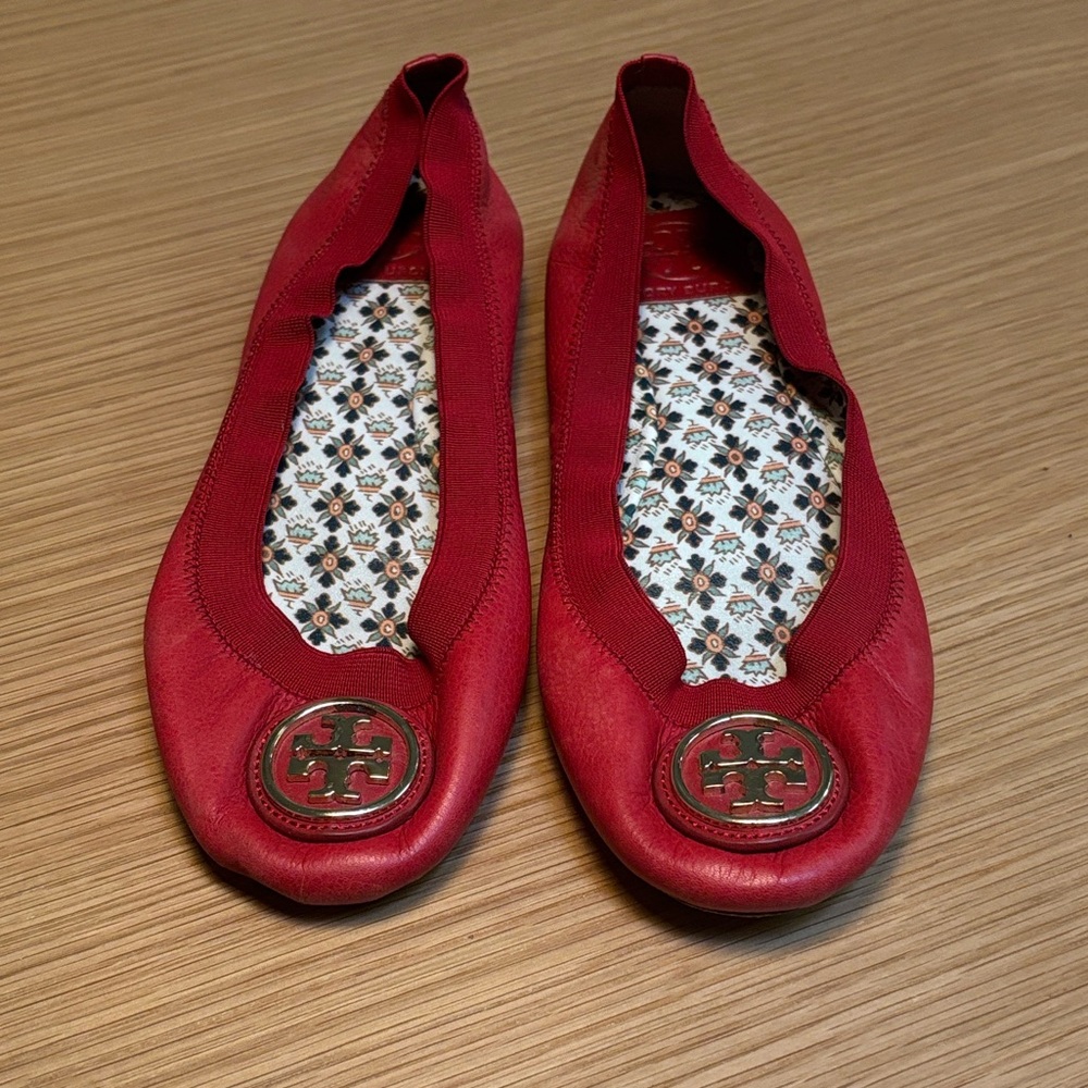 Tory Burch Red Leather Logo Ballet Flats size 7M